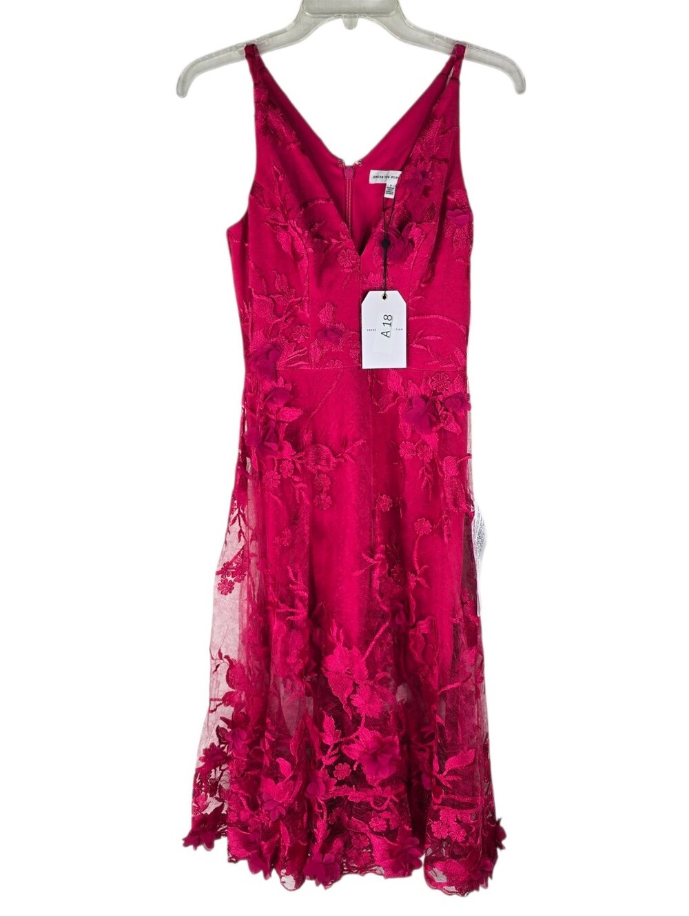 Dress The Population Womens Small Audrey 3D Floral VNeck Fuchsia Pink Midi Dress